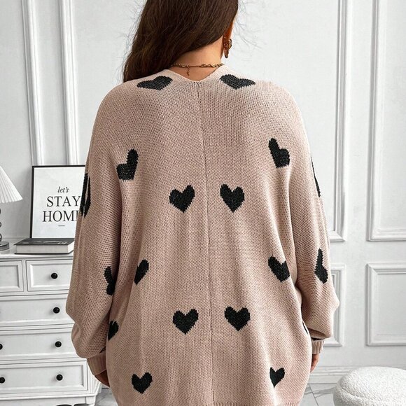 Coffee Brown Casual Women's Plus Size Heart Print Knitted Loose Cardigan - Picture 2 of 6